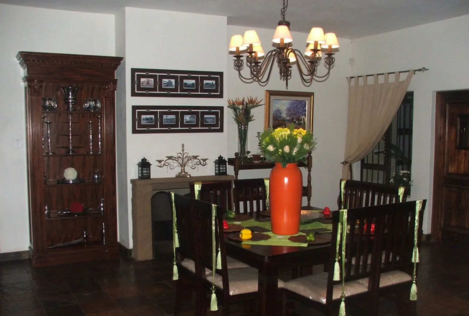 One of the dining rooms, set for a meal